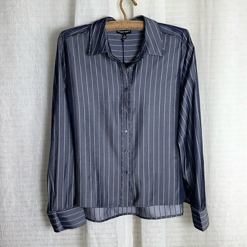 Modern Works L Blue Gray Vertical Stripe Collared Button Down Long Sleeve Shirt